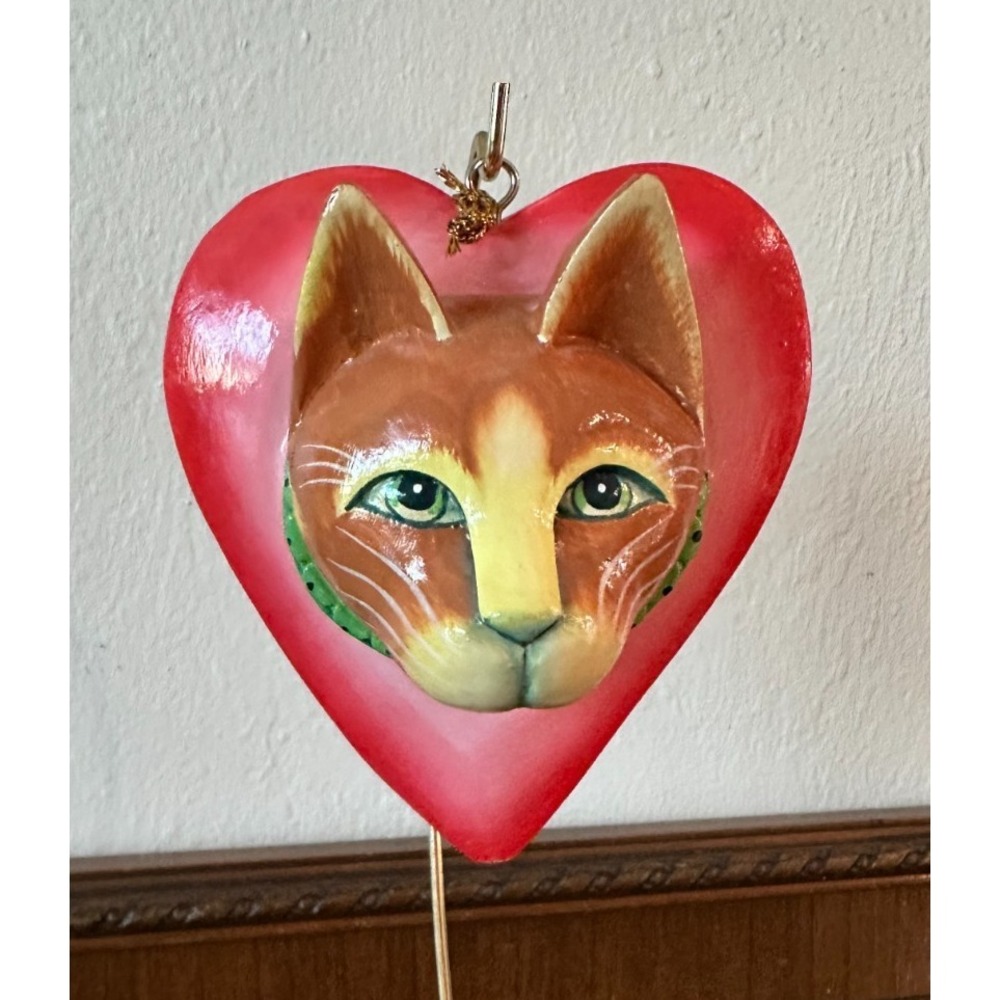 Pink Heart with Cat Face 5'' Carved Wood 3D Wall Decor Hanging